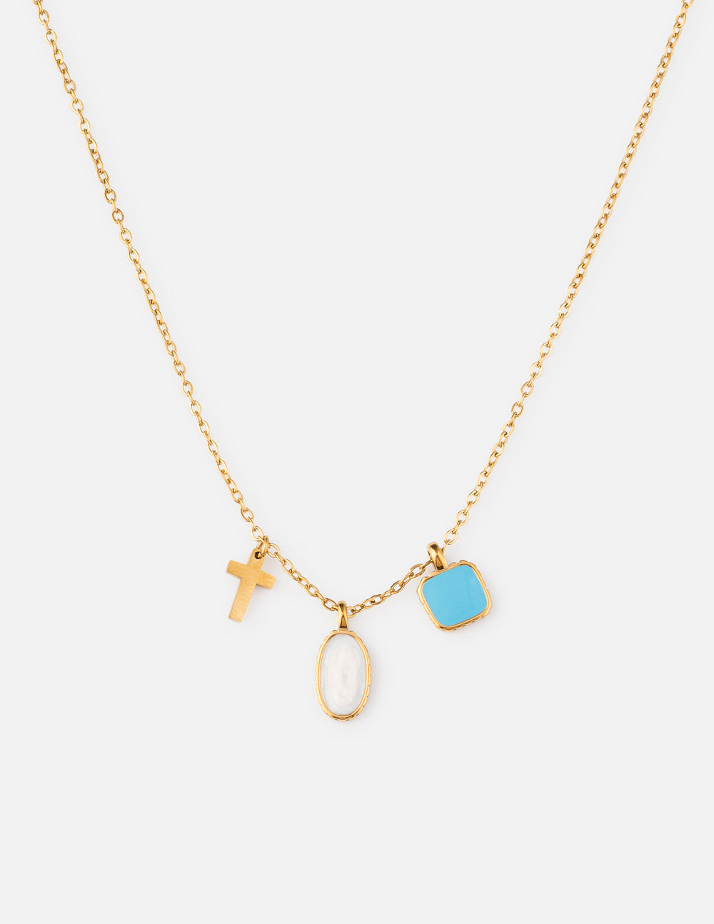 Ascend Charm Link Necklace with gold cable chain, turquoise and white charms.