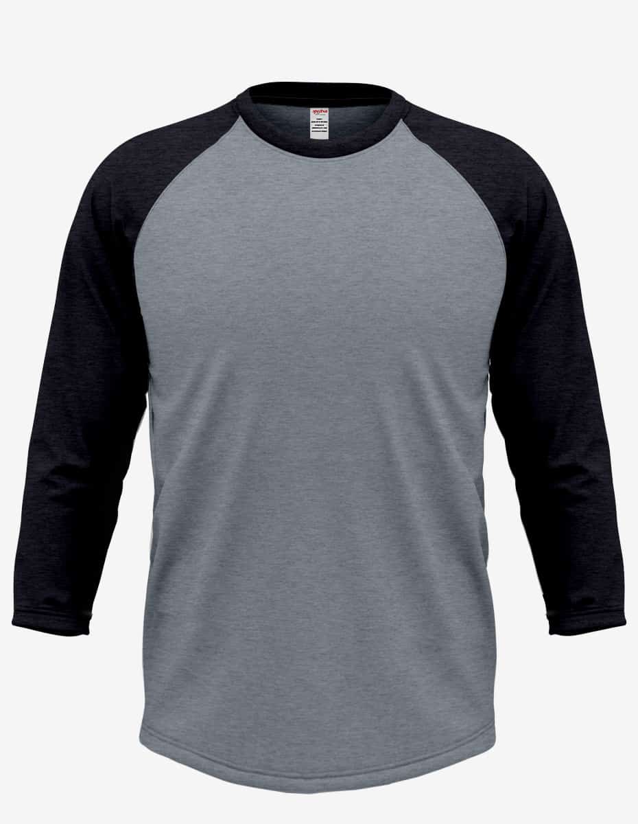 Model wearing a grey and black three-quarter sleeve raglan baseball shirt with a scalloped hem