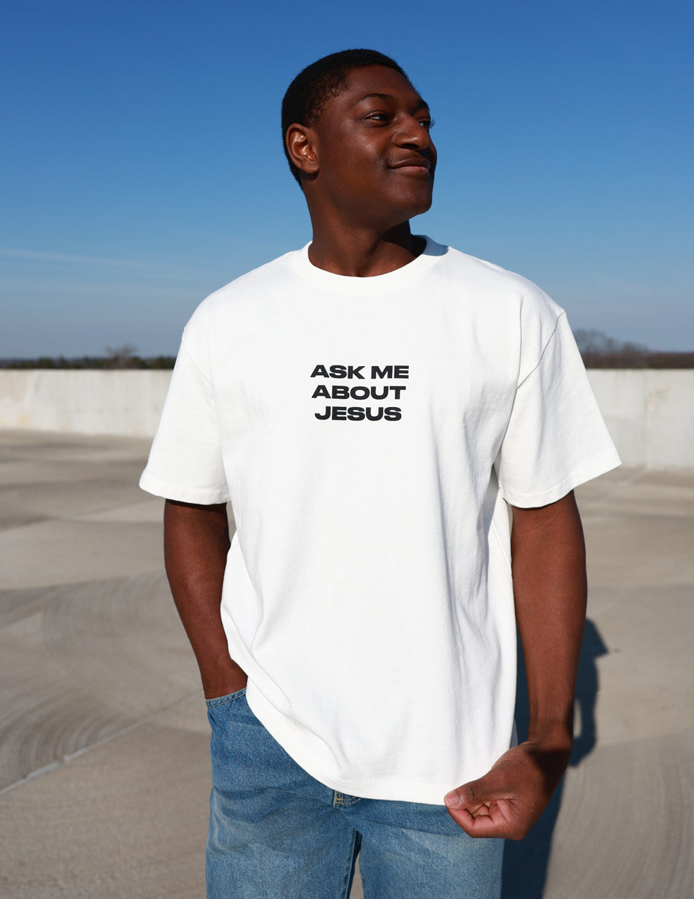 Unisex heavy cotton boxy fit minimalist t-shirt with Ask Me About Jesus text