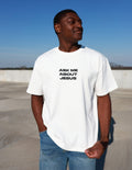 Unisex heavy cotton boxy fit minimalist t-shirt with Ask Me About Jesus text