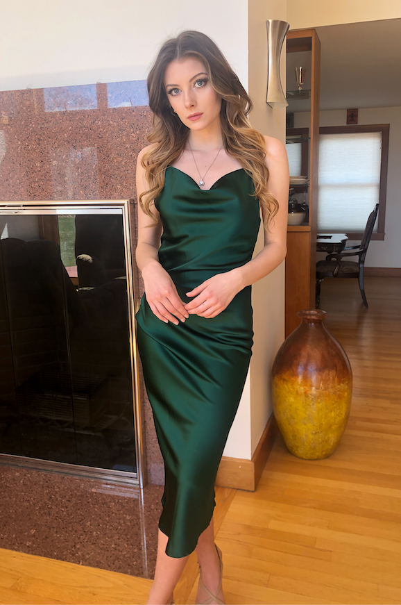 Aspen Midi Dress - Emerald Green Satin Slip Dress