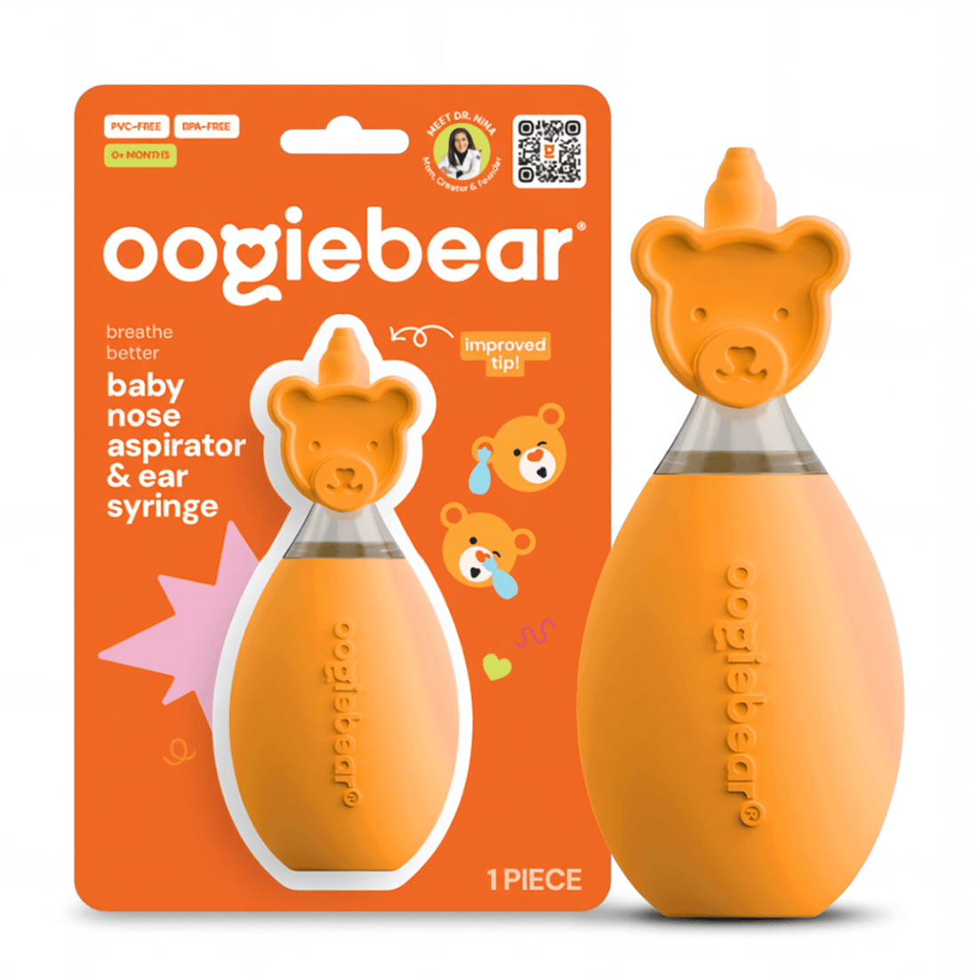 Vibrant orange and blue silicone baby nasal aspirator, 4 inches tall, modern medical-functional design.