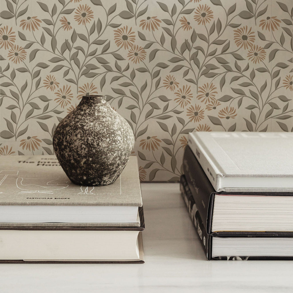 Adrian floral wallpaper featuring a botanical pattern in sage green, cream, and muted orange.