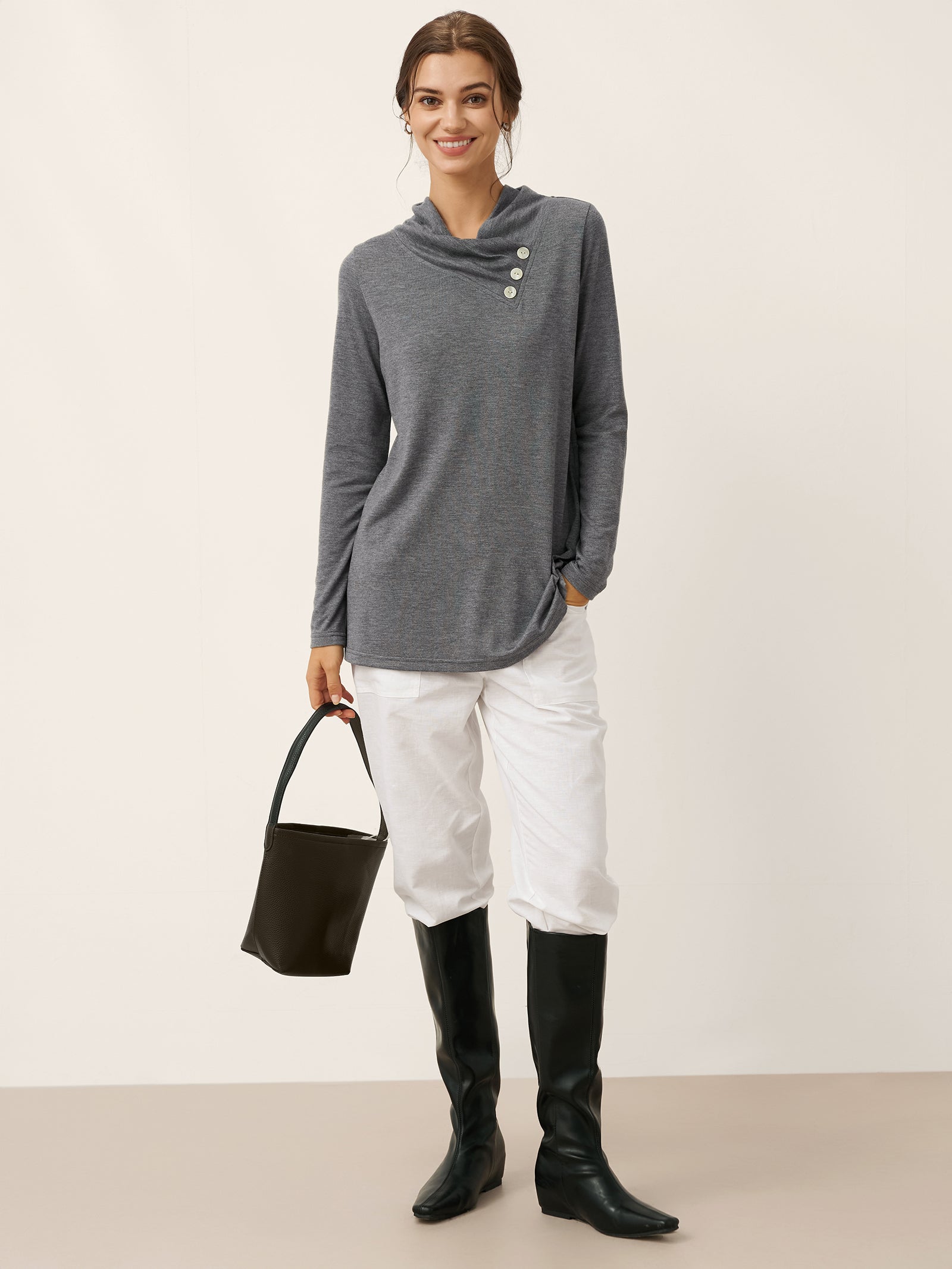 Cashmere Asymmetric Cowl Neck Stretch Top TATIANA