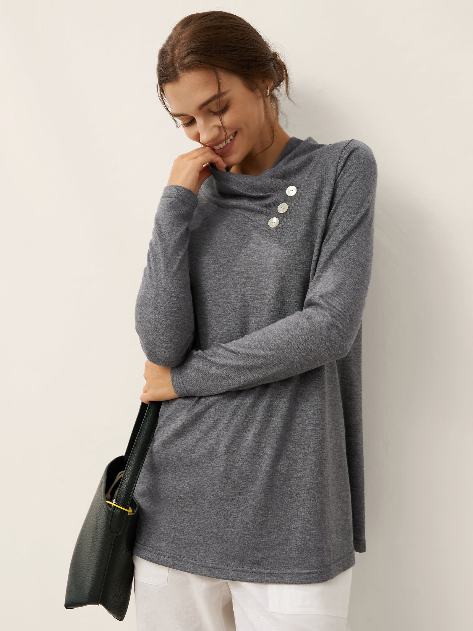 Cashmere Asymmetric Cowl Neck Stretch Top TATIANA