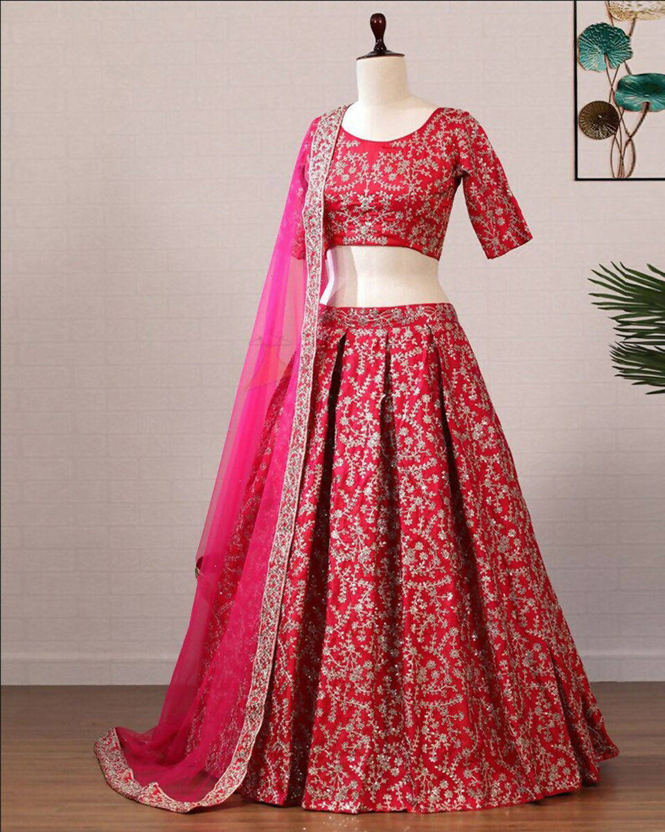 Rani Pink Silk Lehenga Choli with Sequins and Dori Embroidery