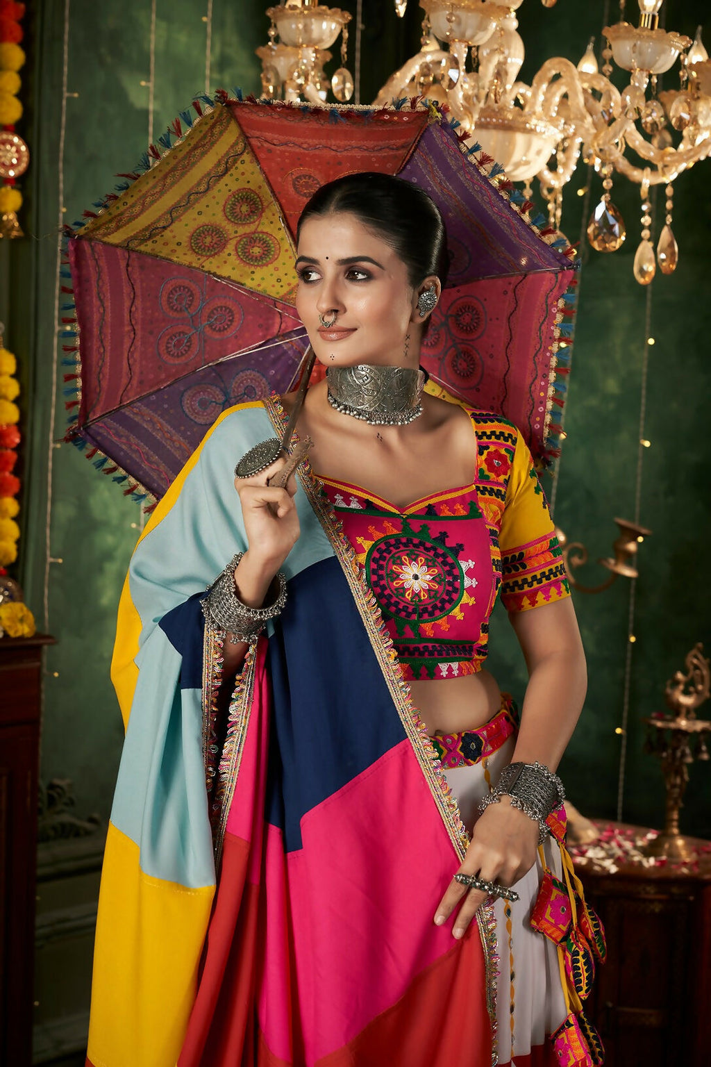 White Maslin Cotton Navratri Lehenga Choli with Yellow Blouse