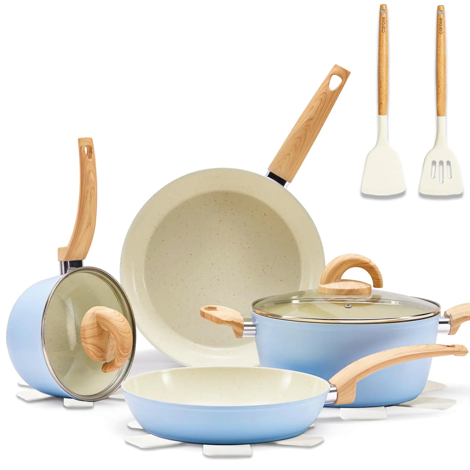 Vkoocy Blue Non Stick Pots and Pans Set Healthy Ceramic Cookware Set 12pcs Kitchen Cooking Pots and Frying Sauce Saute Pans Set PFAS-Free with Kitchen Utensils and Lid