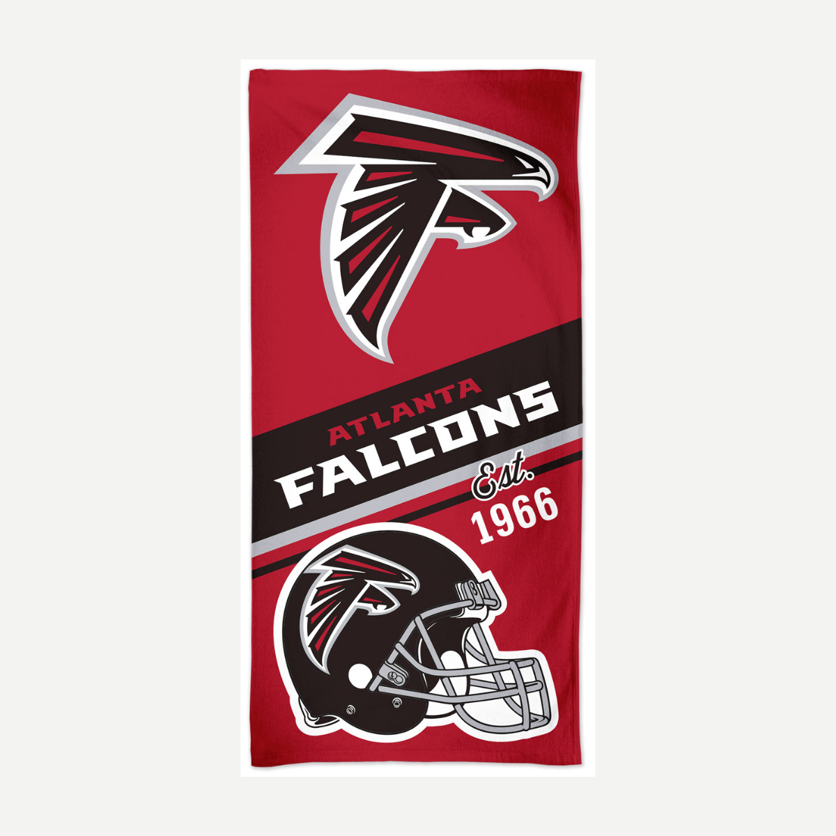Atlanta Falcons velour beach towel with team logo, helmet graphic, and Est. 1966 text in red, black, and white colors.