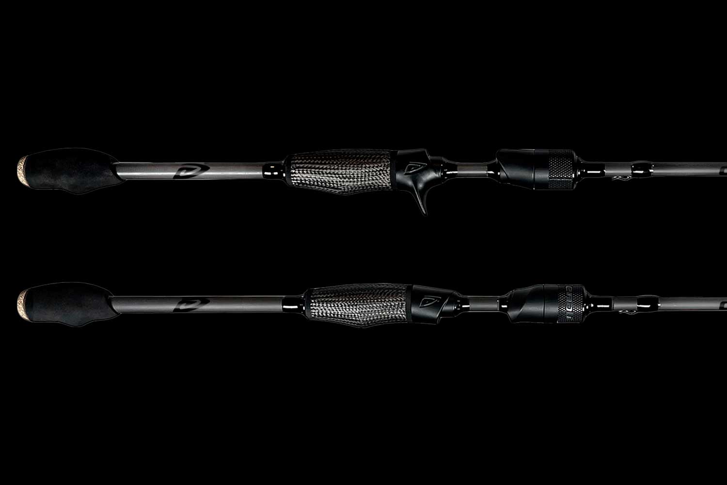 Close up of the handle and reel seat area of a black AttaX Pro Series baitcasting fishing rod against a black background.