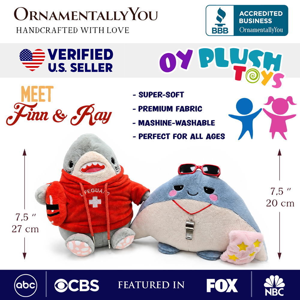 Finn Shark and Ray Stingray Lifeguard Plushie Set, 10.5" Funny Ocean Stuffed Animal Gift for Sea Life Lovers