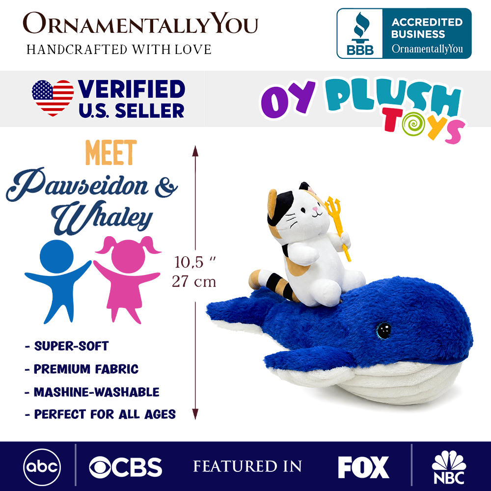 Pawseidon Cat Riding a Whale Plushie Set, 16" Funny Ocean Stuffed Animal Gift for Kids and Teens
