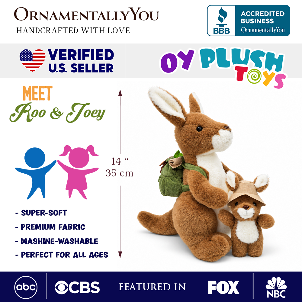 Roo & Joey Kangaroo Plushie, Adorable 14" Kangaroo with Baby Joey Stuffed Animal and Adventure Backpack