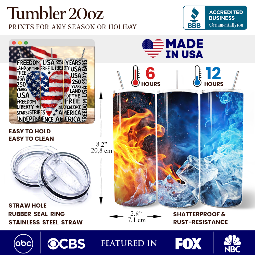 USA 250 Heart Patriotic 20oz Stainless Steel Travel Tumbler