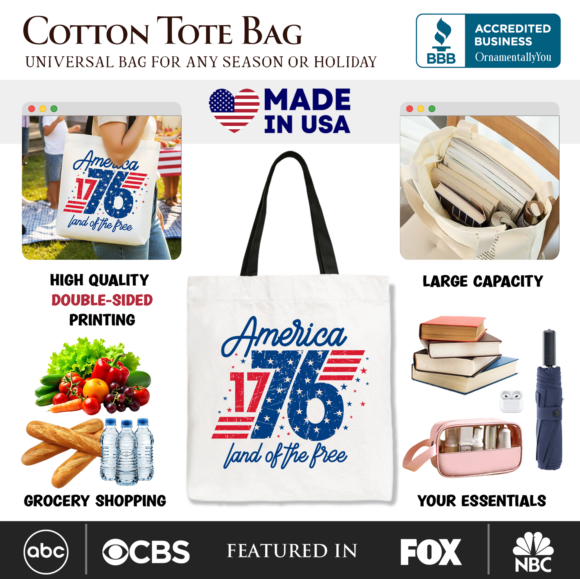 America 1776 Land of the Free Vintage Patriotic Cotton Tote Bag