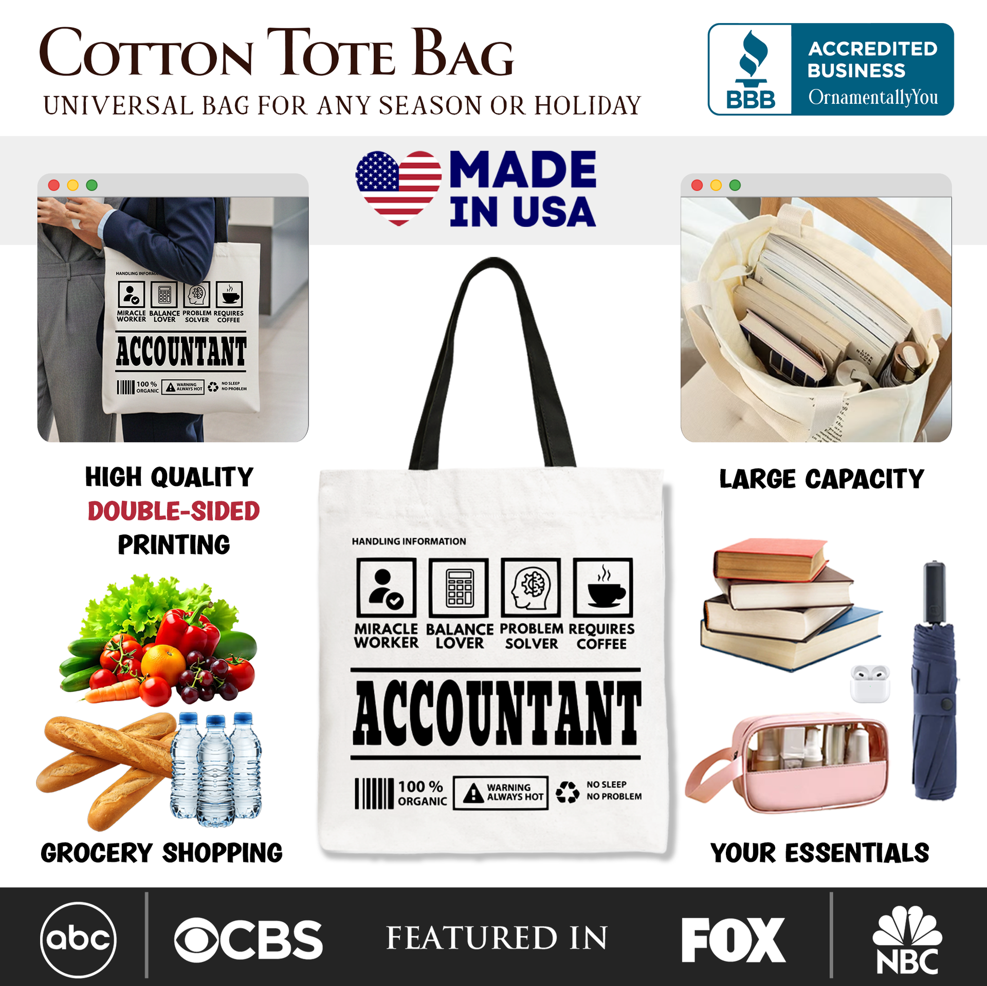 Accountant Nutrition Facts Tote Bag, Funny Bookkeeper Gift
