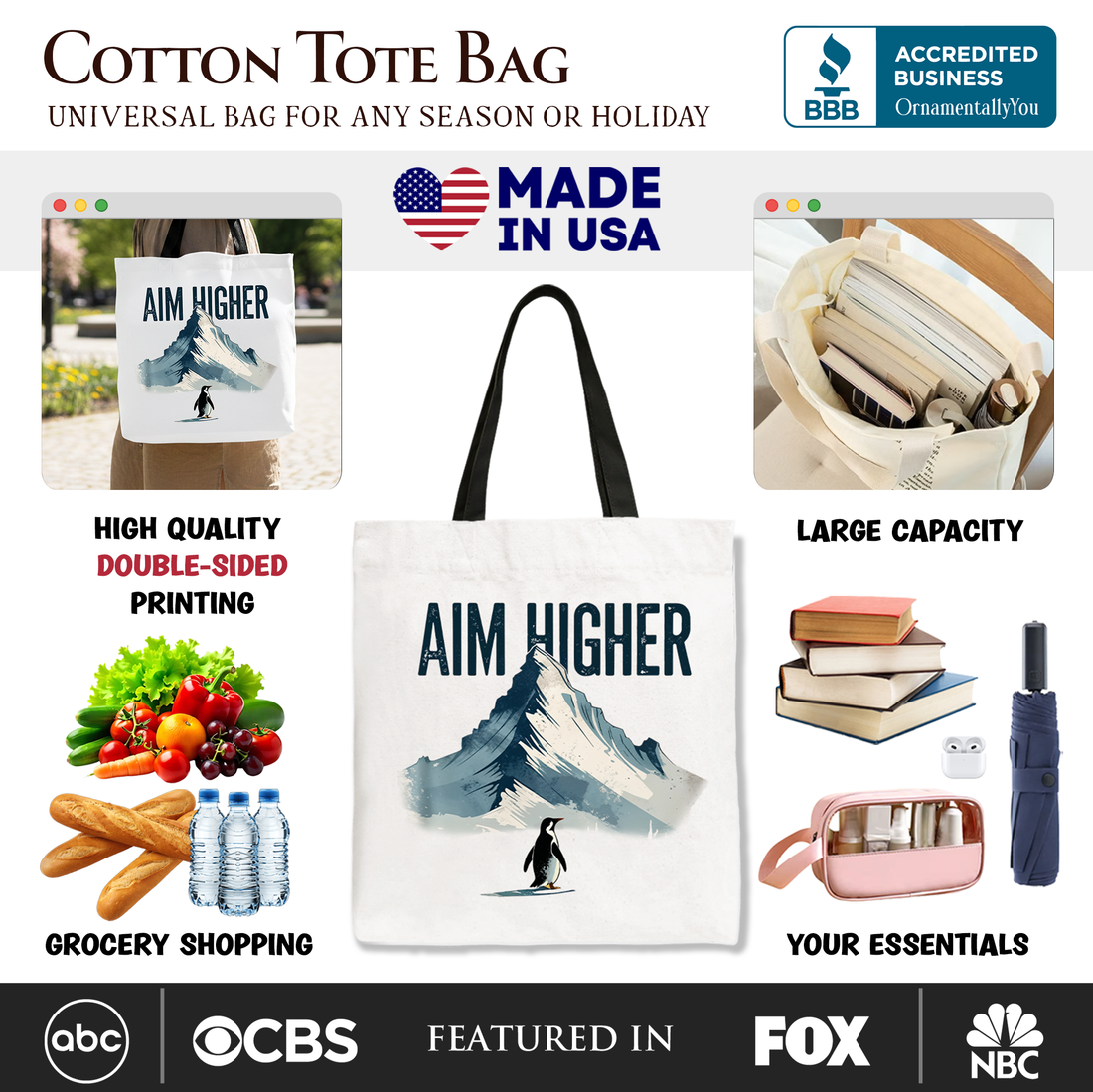 Aim Higher Penguin Tote Bag, Vintage Motivational Canvas Shopper