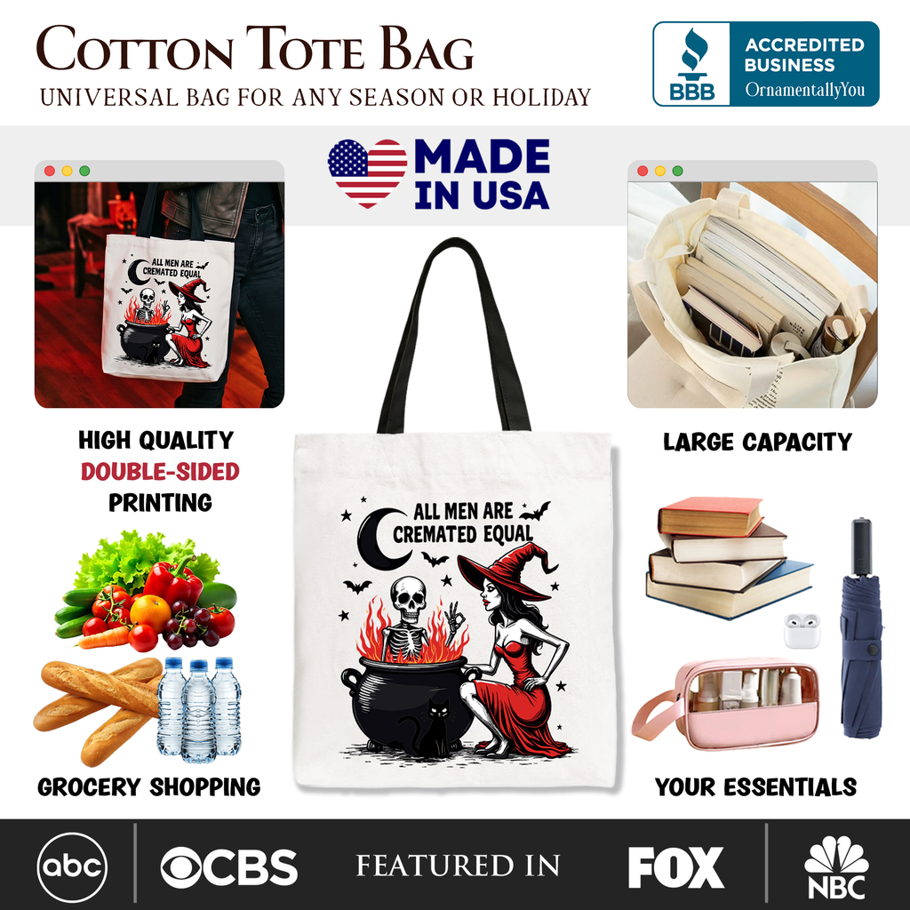All Men Are Cremated Equal Tote Bag, Funny Witch Halloween Bag