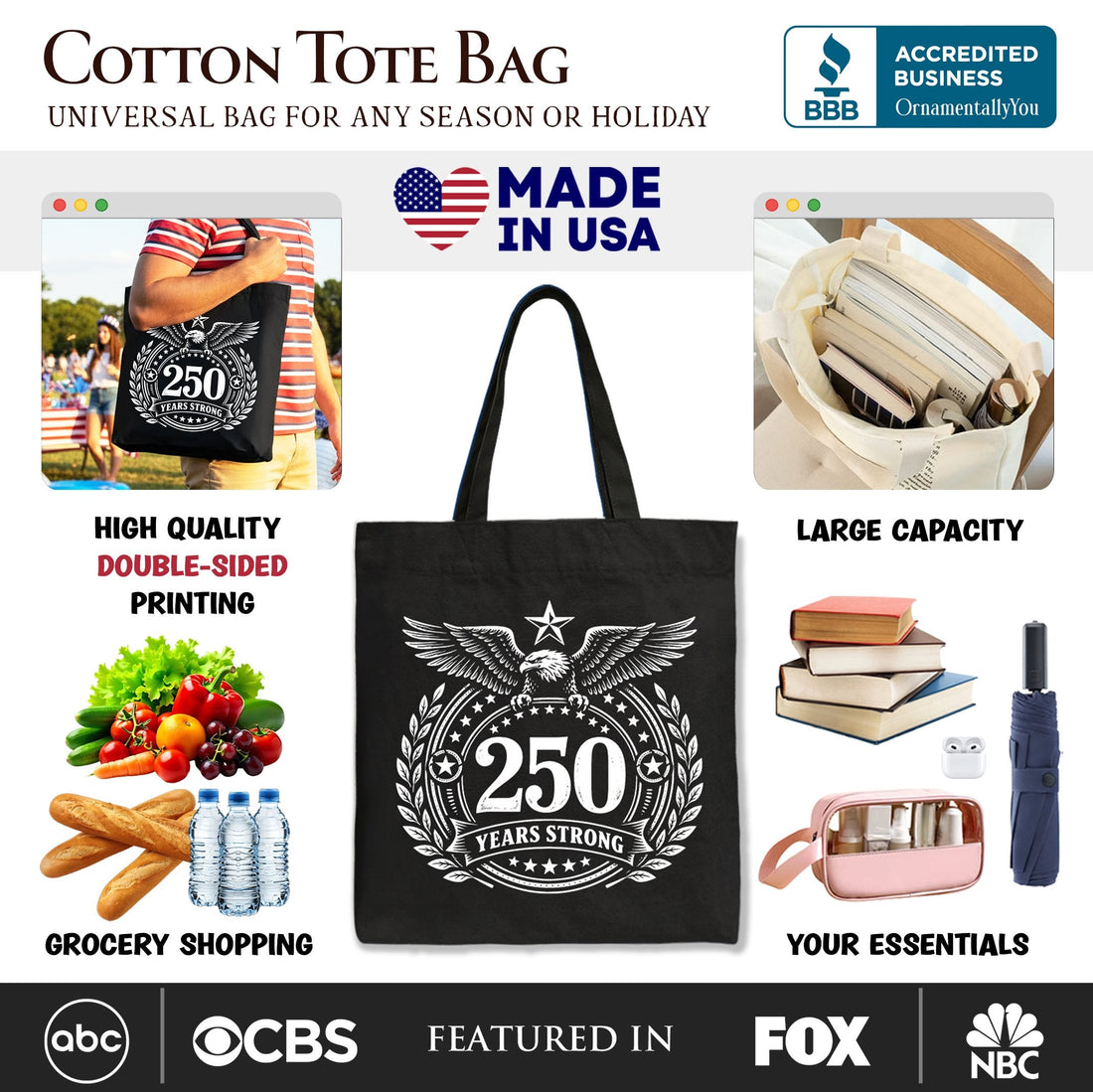 America 250 Years Strong Eagle Tote Bag Patriotic 1776–2026 Gift