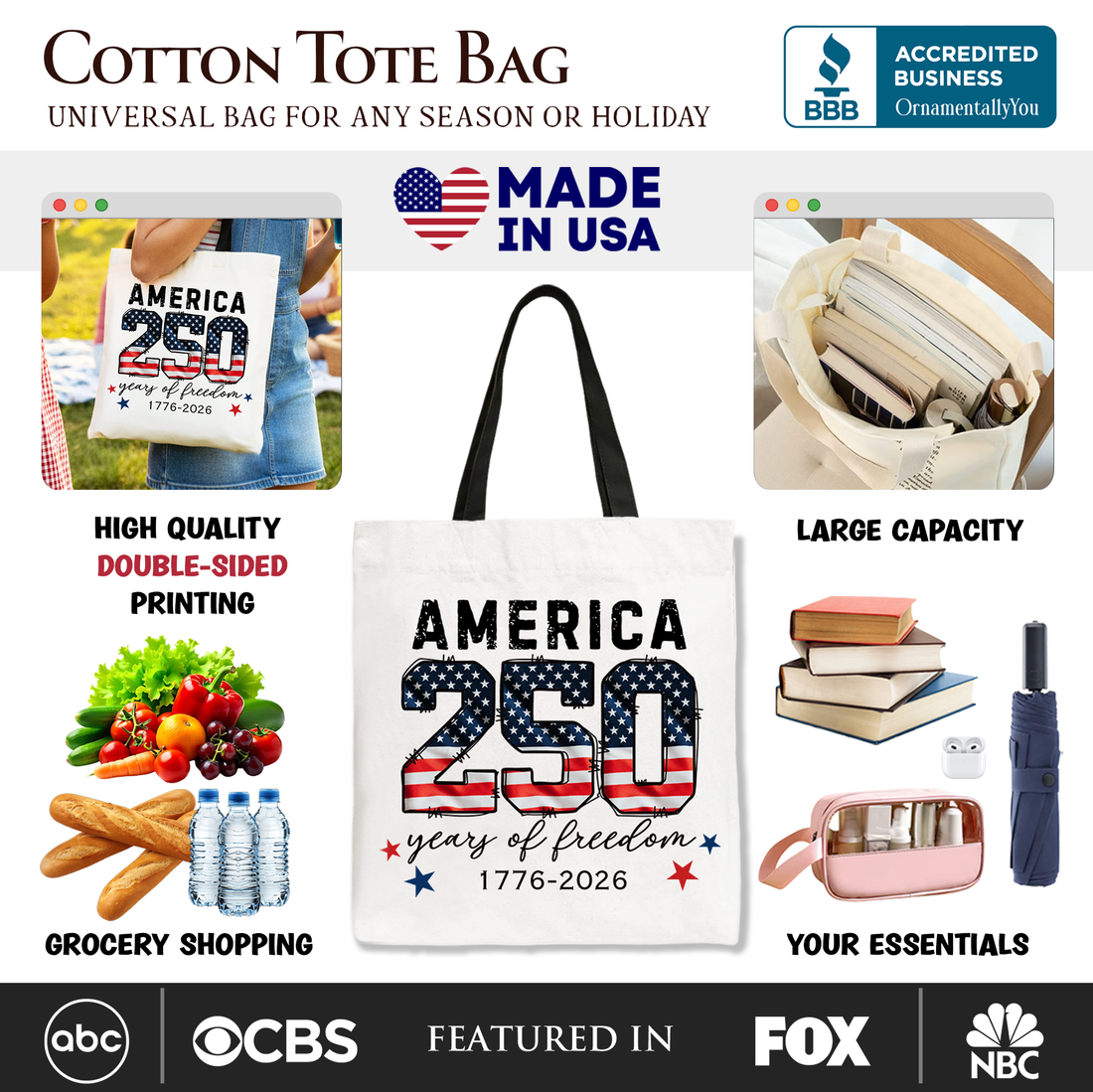 America 250 Years of Freedom Patriotic Tote Bag