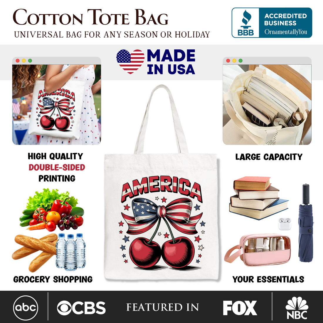 Patriotic Coquette Cherry Tote Bag for 4th of July Summer Outings
