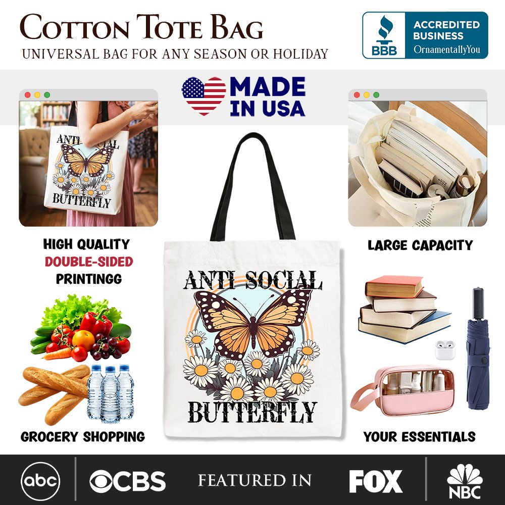 Anti Social Butterfly Canvas Tote Bag - Retro Quirky Gift Shopper