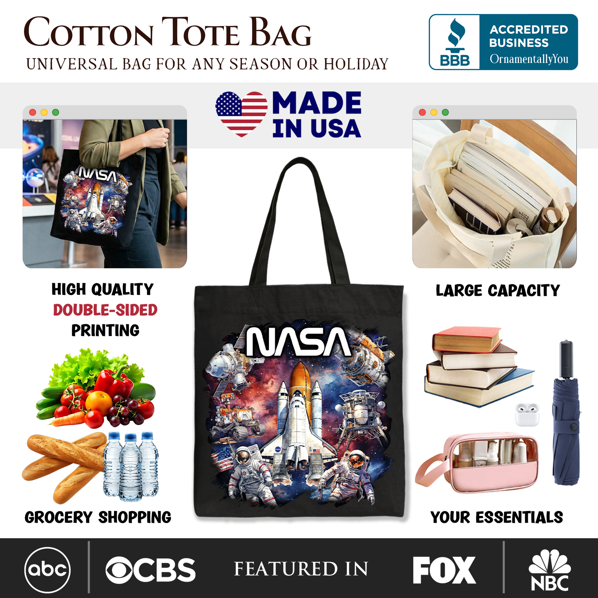 Artistic NASA Astronaut Space Planet Print Tote Bag Gift