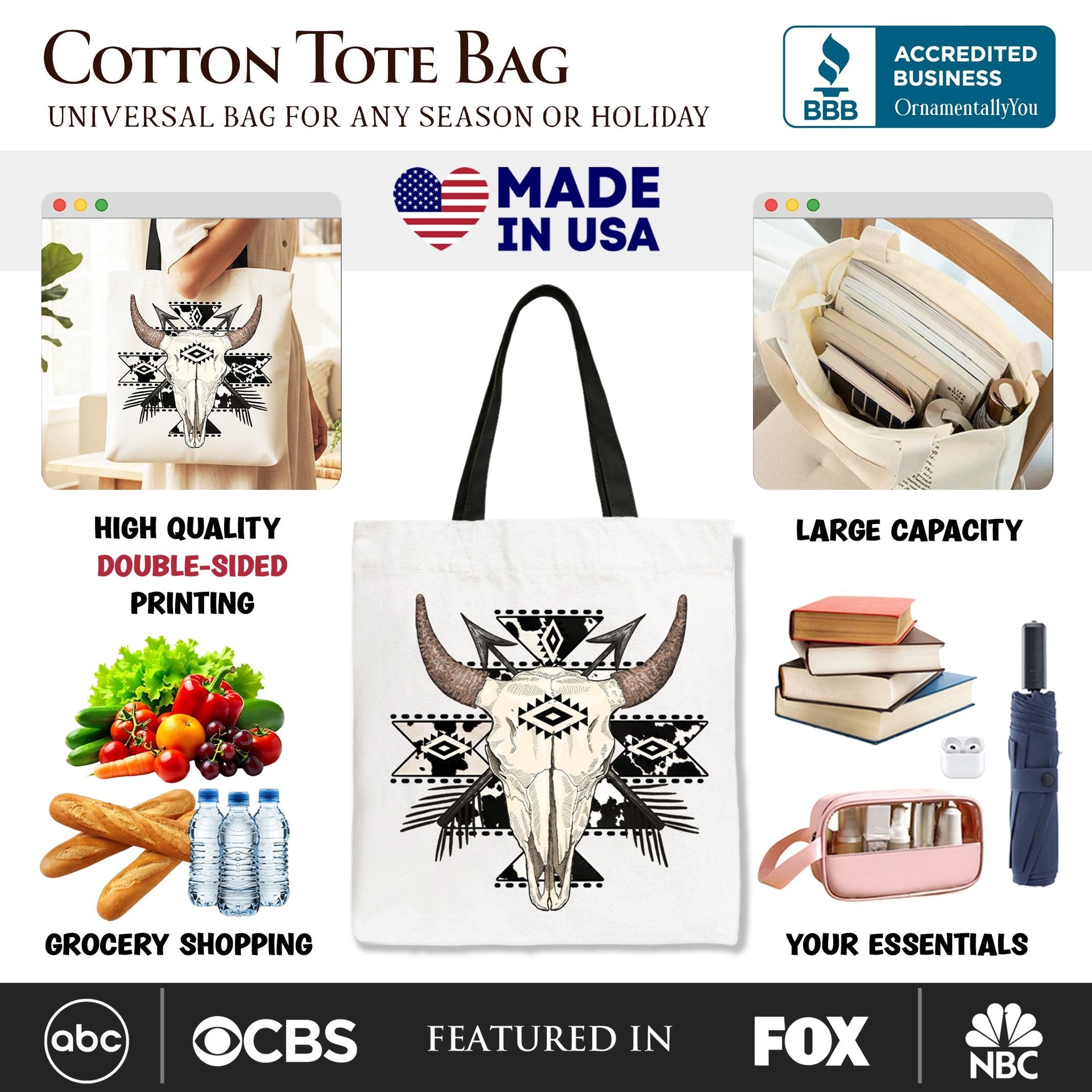 Aztec Tribal Bull Skull Canvas Tote Bag, Western Boho Shopper
