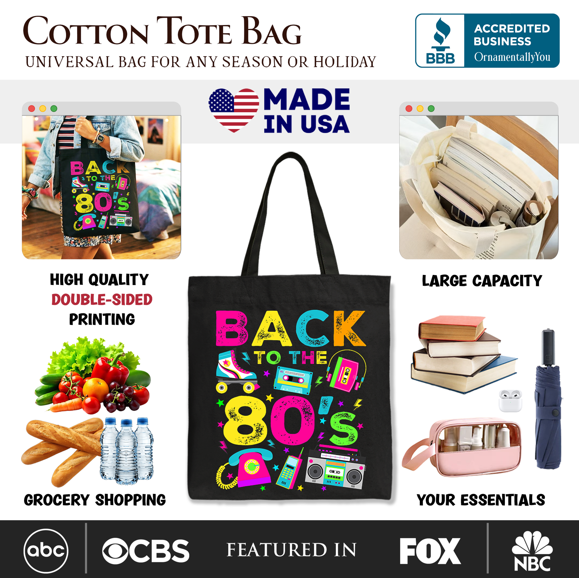 Back To The 80s Retro Tote Bag, Colorful Abstract Cotton Shopper