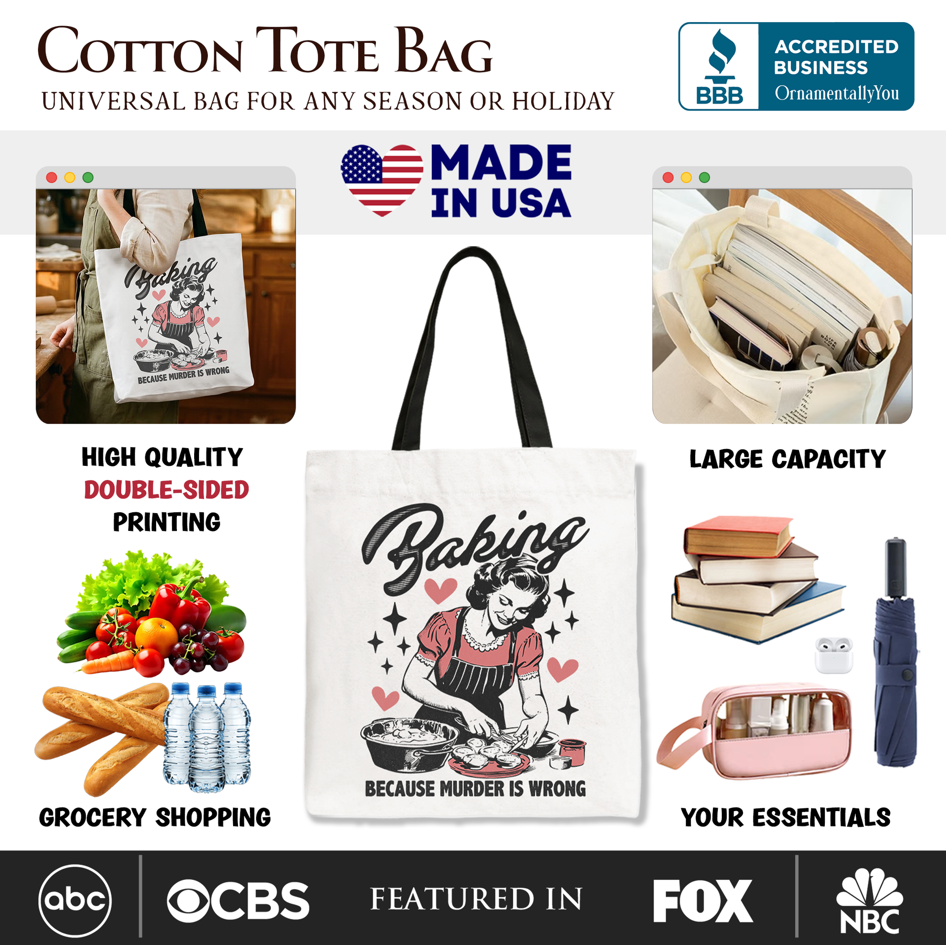 Baking Because Murder Is Wrong Funny Retro Cotton Tote Bag