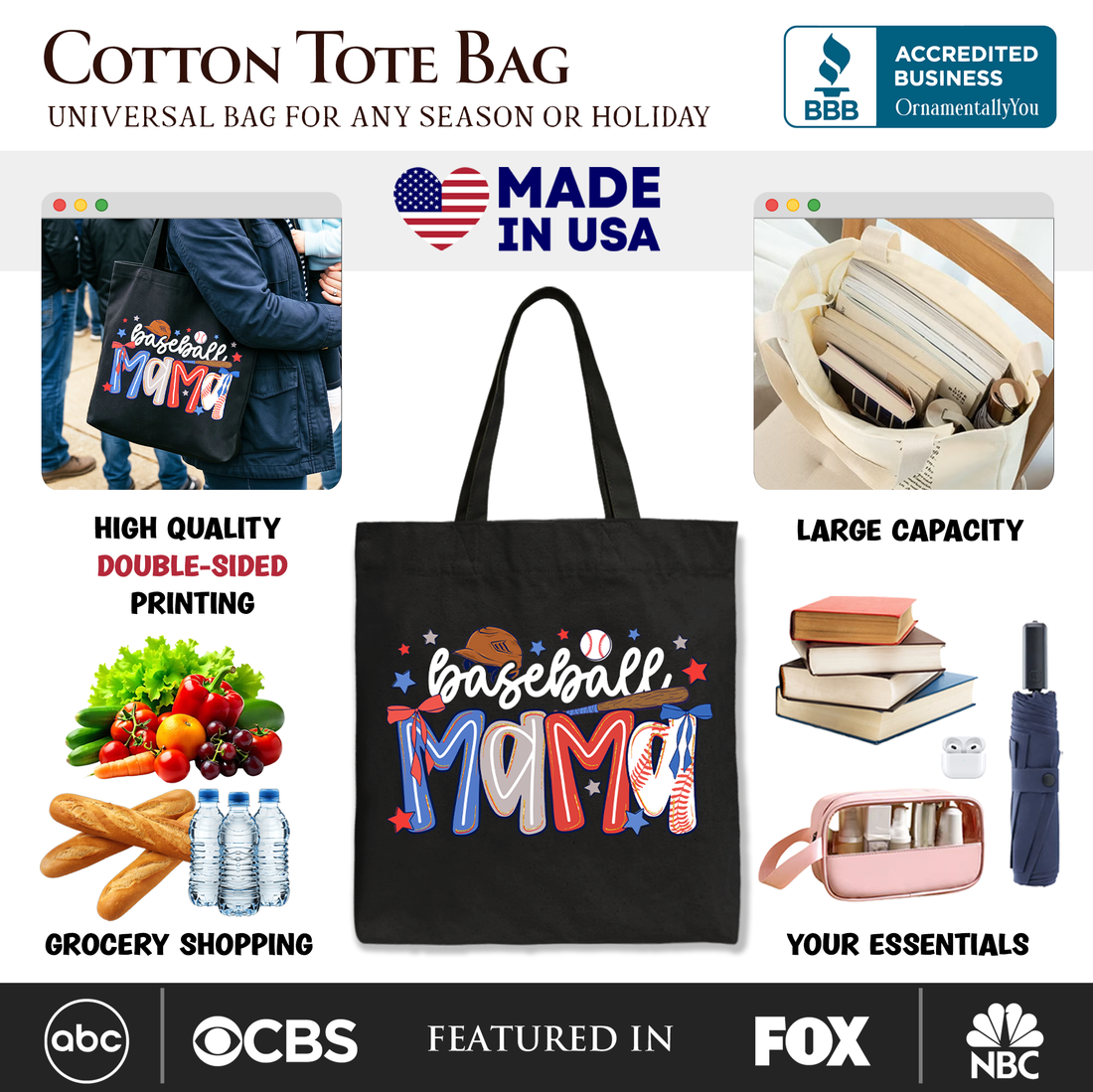 Baseball Mama Preppy Bow Canvas Tote Bag Girly Sports Mom Gift