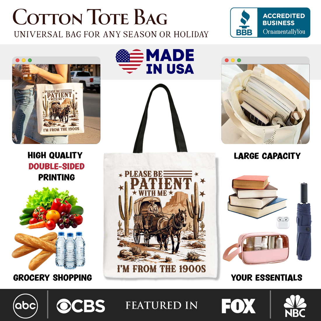 Be Patient I’m From the 1900s Western Tote Bag, Rustic Canvas Shopper