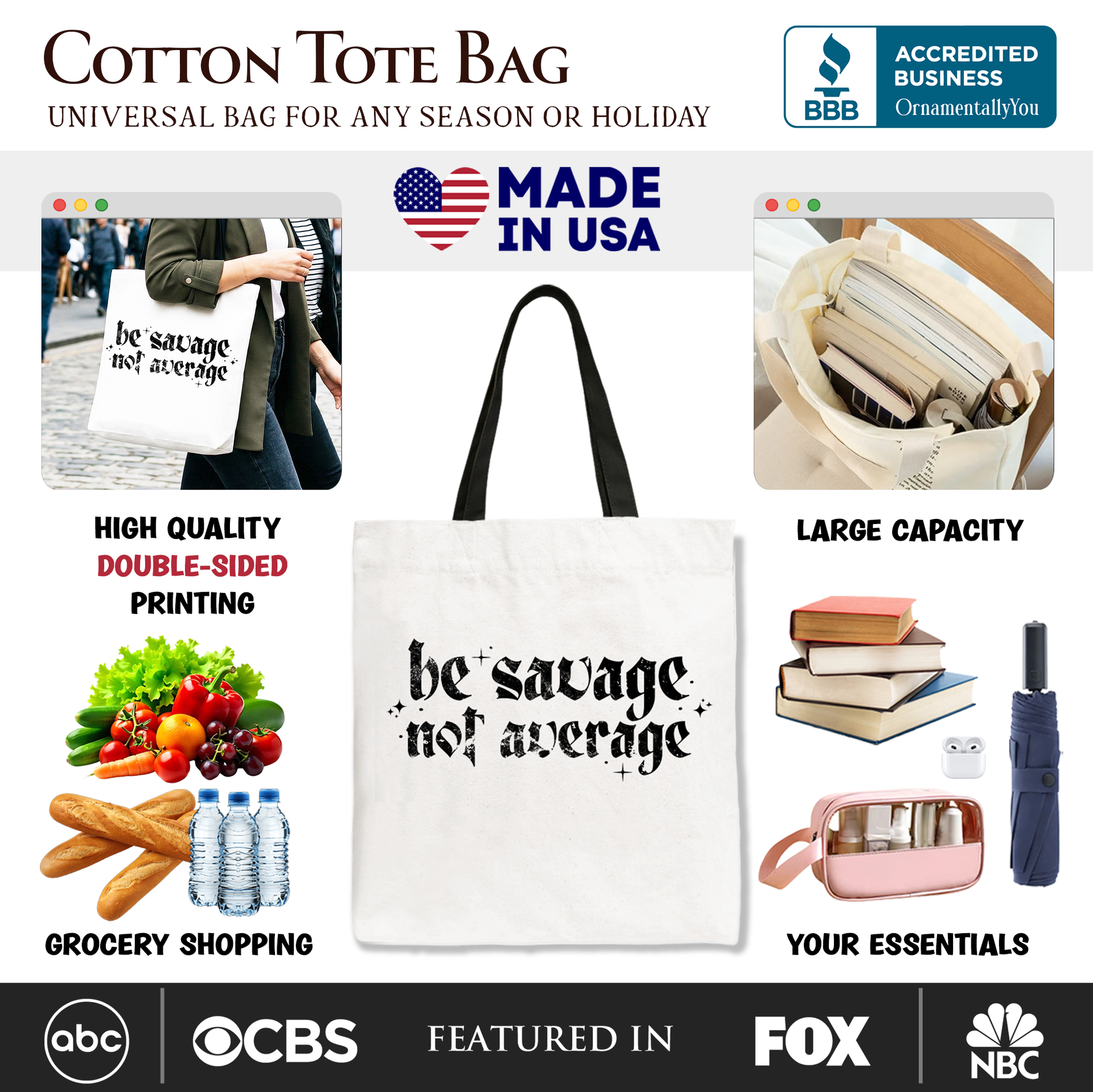 Be Savage Not Average Tote Bag, Grunge Snarky Self Love Shopper