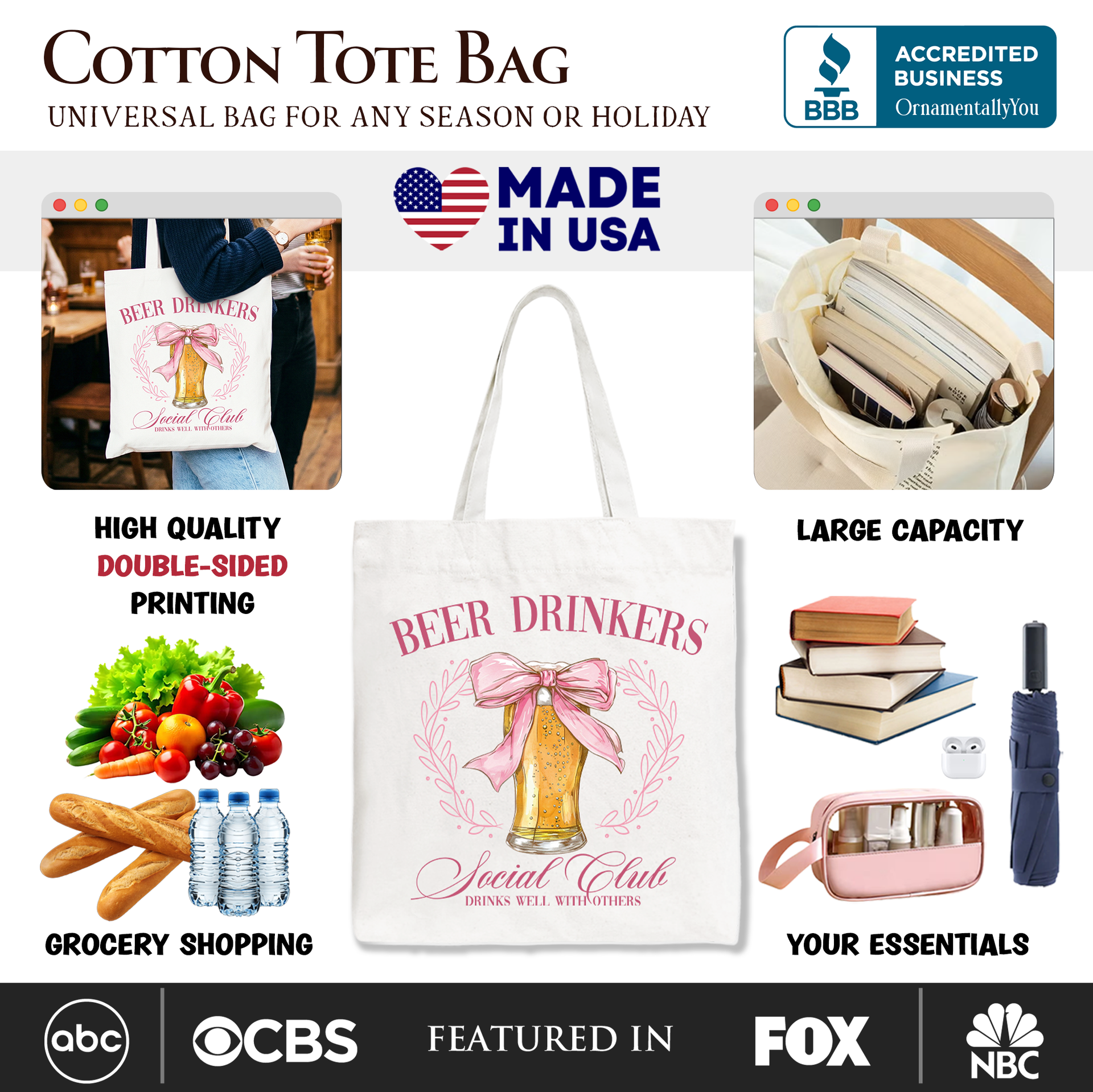Beer Drinkers Social Club Tote Bag with Pink Coquette Bow Design