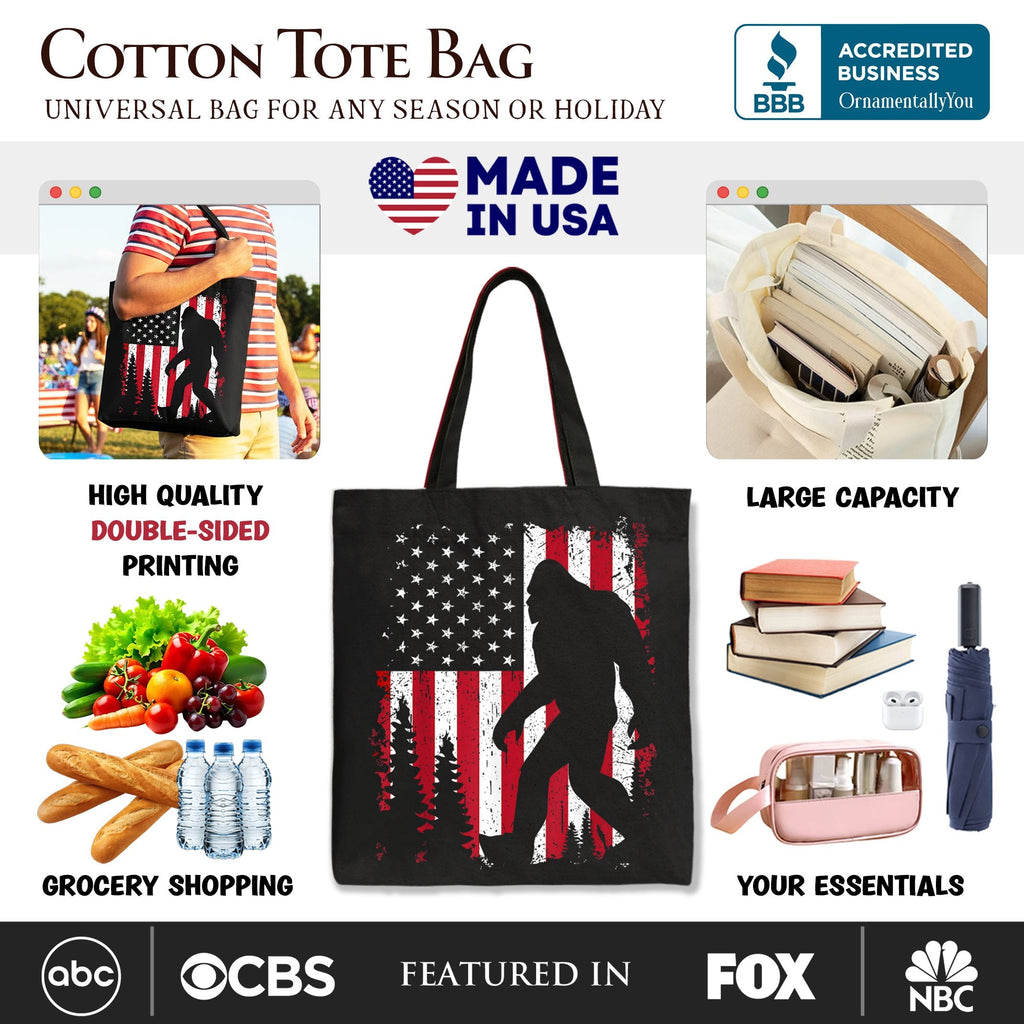 Bigfoot American Flag Canvas Tote Bag, Patriotic Gift Shopper