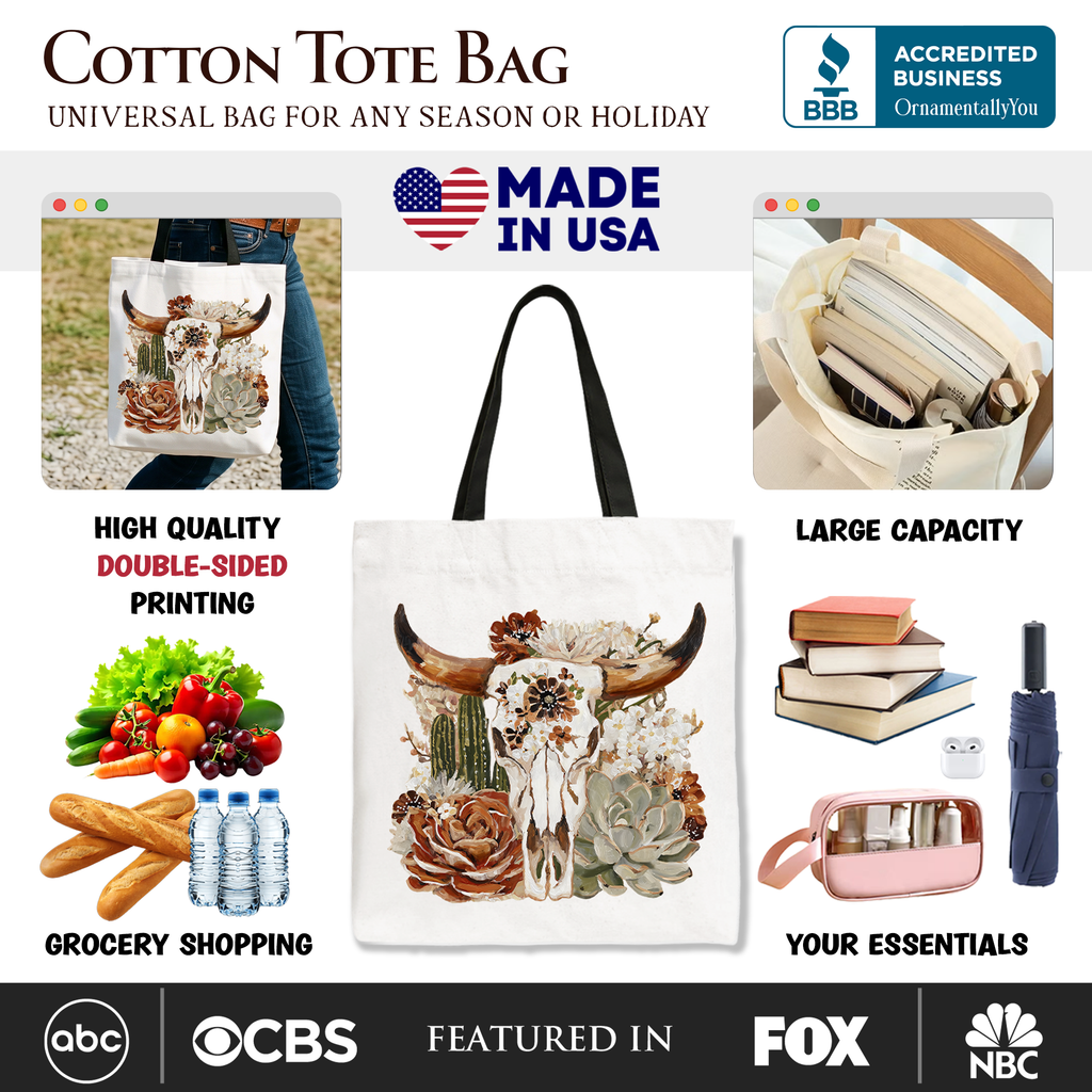 Boho Floral Cow Skull Tote Bag, Western Autumn Cowgirl Gift Shopper