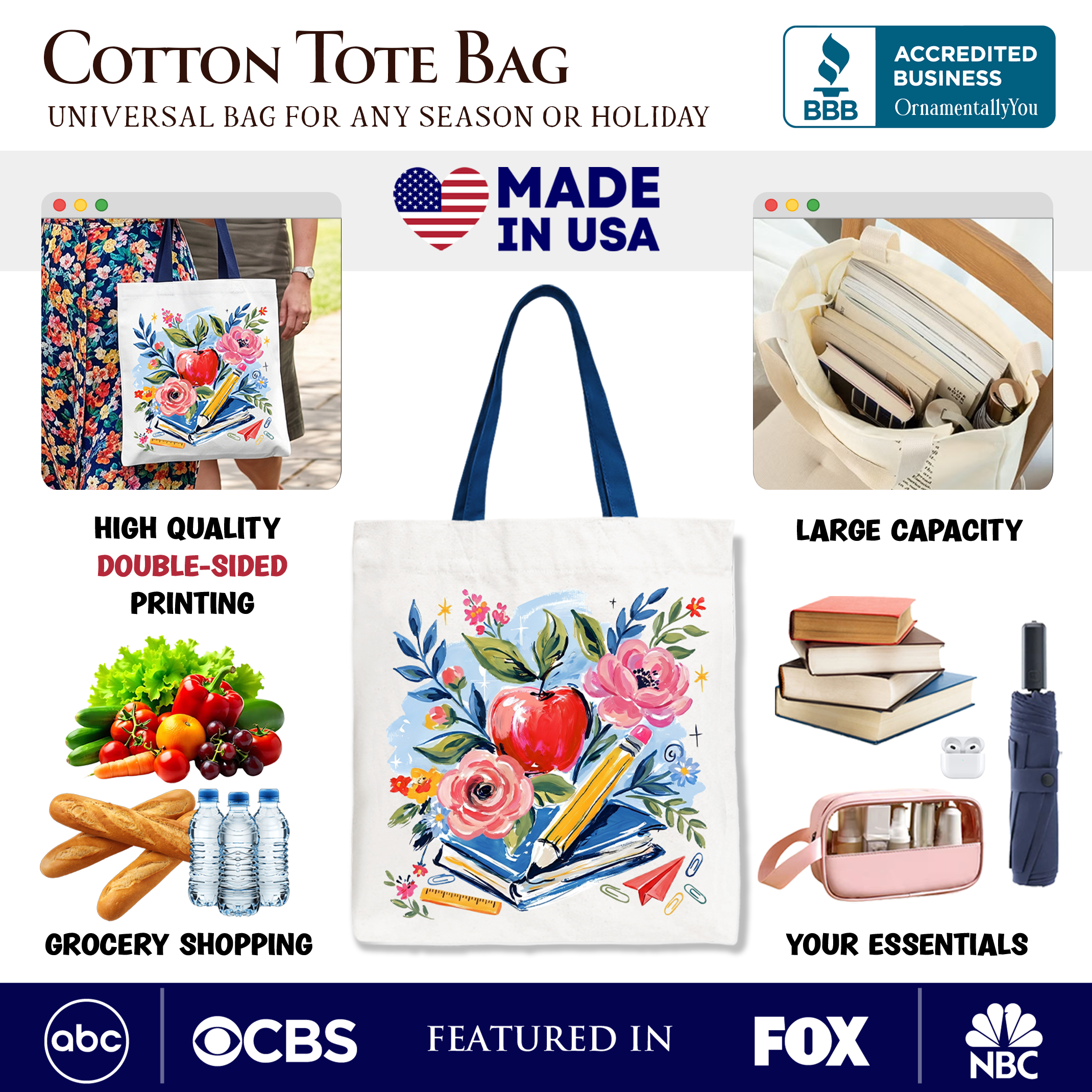 Boho Floral Teacher Tote Bag, Watercolor Back to School Gift Shopper