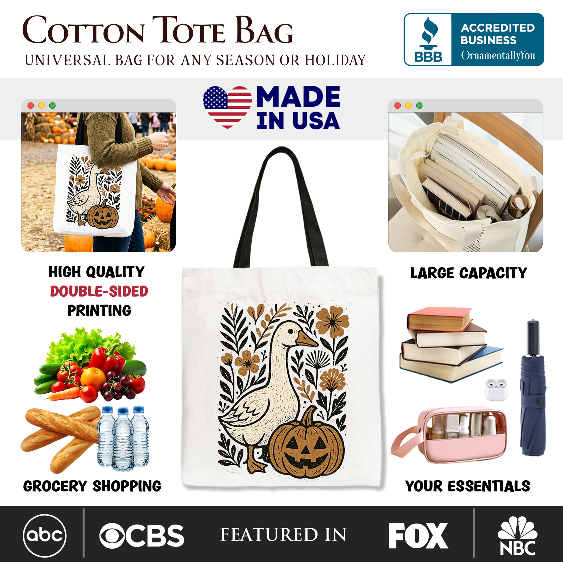 Boho Goose Halloween Pumpkin Tote Bag, Spooky Fall Floral Shopper