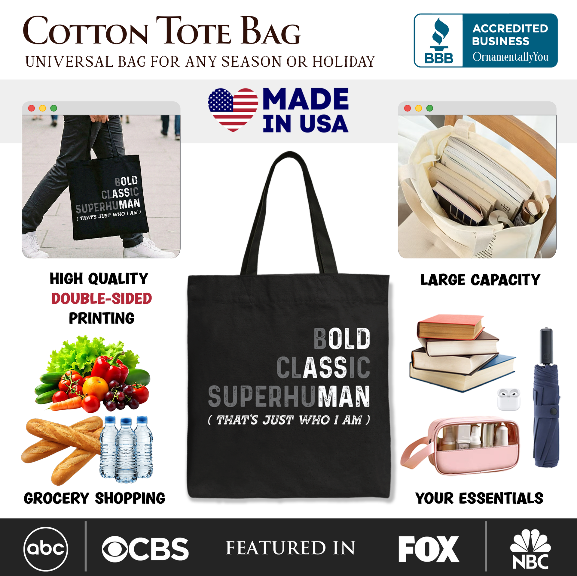 Bold Classic Superhuman Dad Quote Cotton Tote Bag, Off-White
