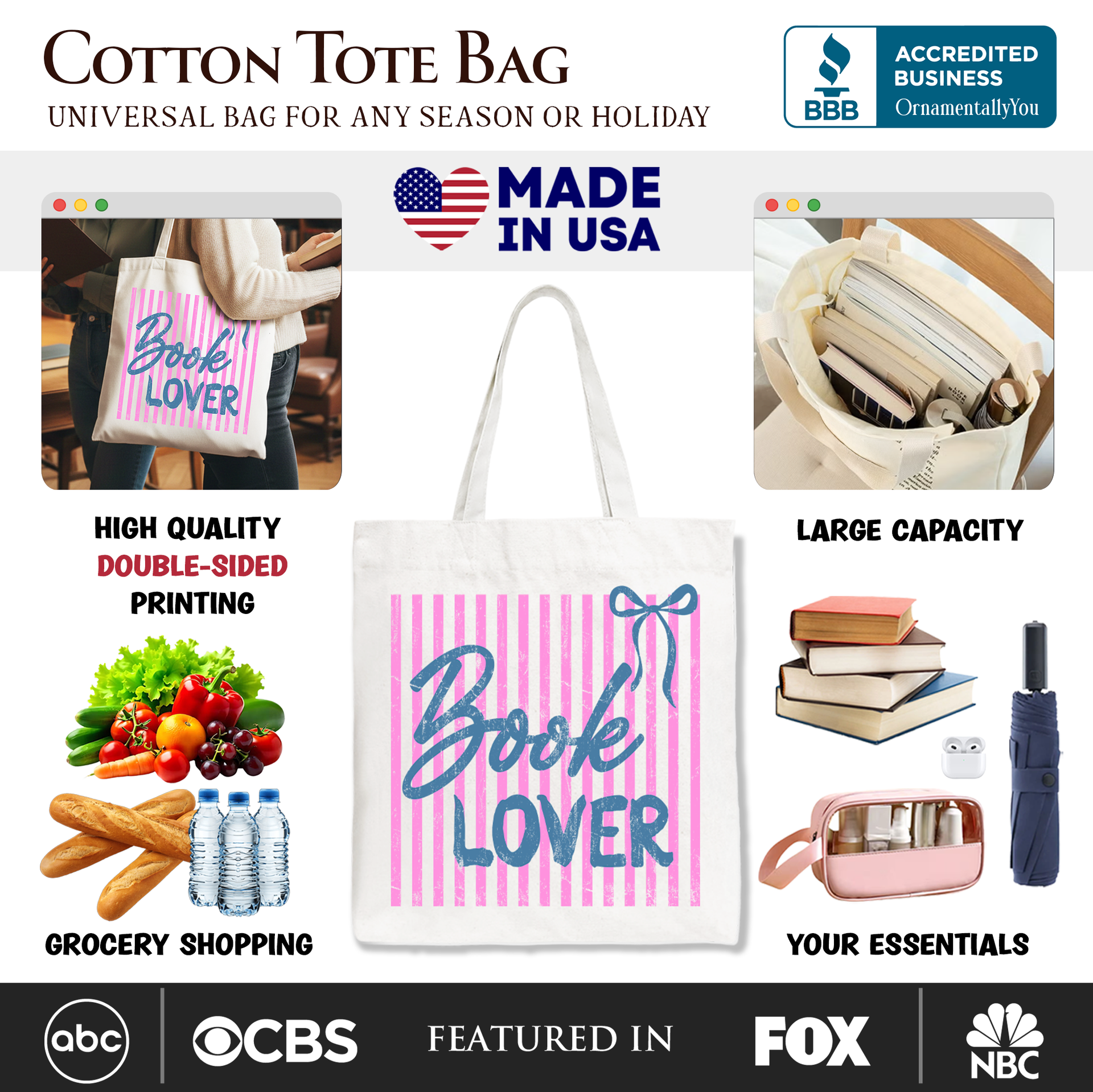 Book Lover Striped Reader Tote Bag – Coquette Bookworm Gift