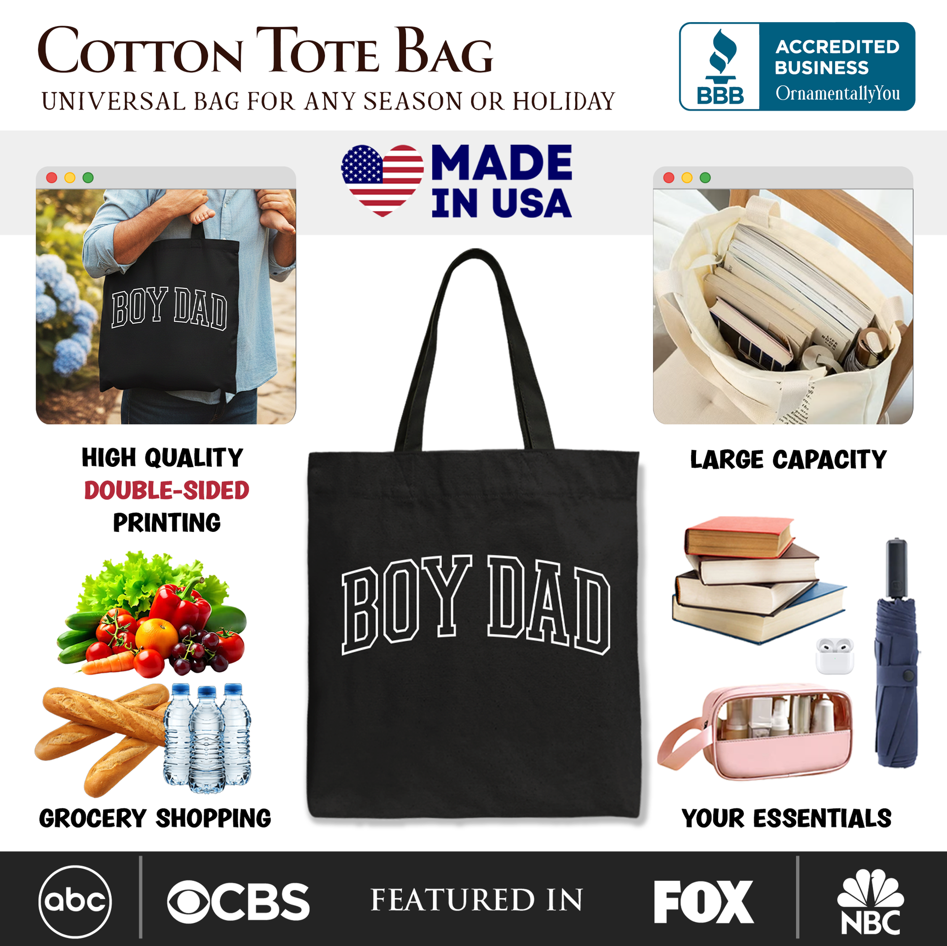 Boy Dad Varsity Cotton Tote Bag, Minimalist Father's Day Gift