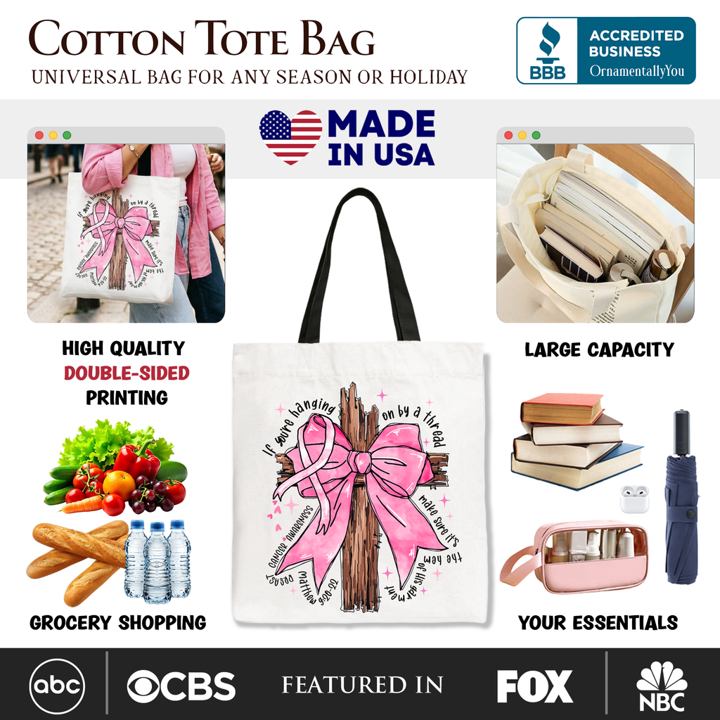 Breast Cancer Pink Bow Cross Tote Awareness Faith Gift