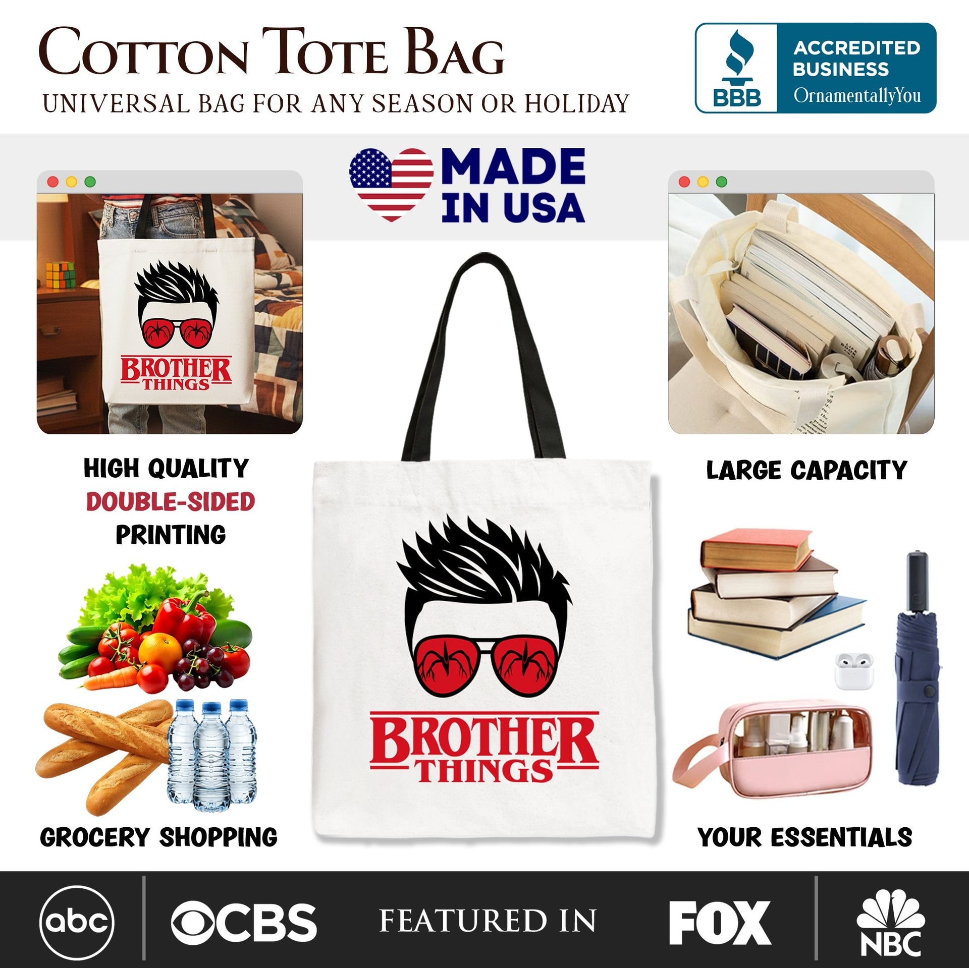 Brother Things Retro Canvas Tote Bag, Red Glasses Family Shopper