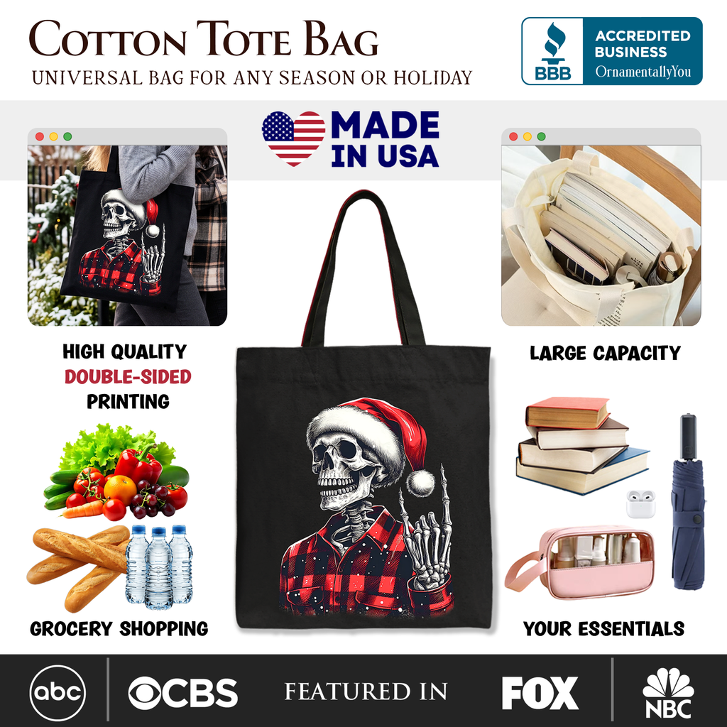 Buffalo Plaid Christmas Skeleton Tote Bag, Brutal Guys Gift Shopper