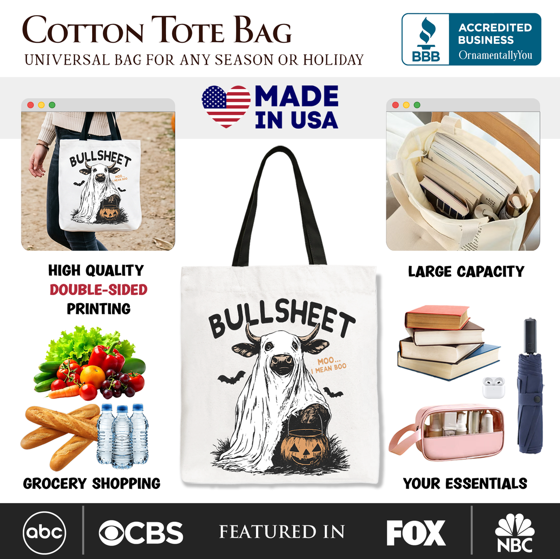 Bullsheet Halloween Bull Tote Bag, Funny Cow Trick-or-Treat Gift