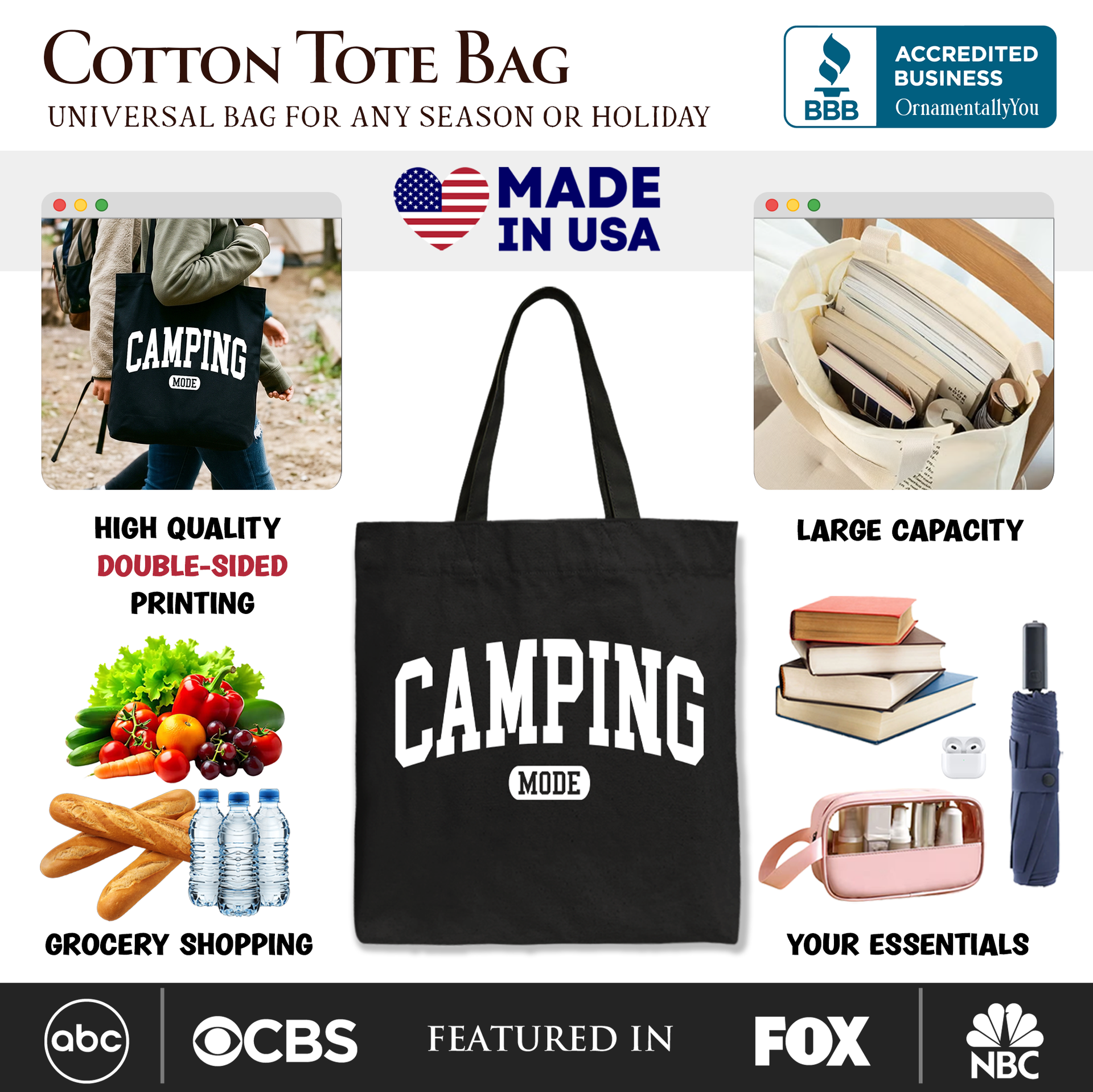 Camping Mode Varsity Tote Bag, Minimalist Canvas Outdoors Shopper