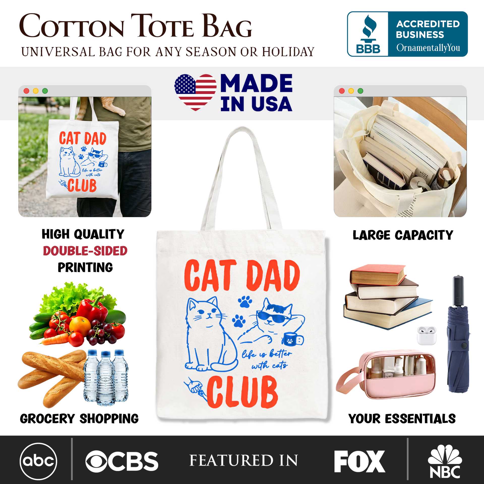 Cat Dad Club Retro Canvas Tote Bag, Funny Gift for Cat Lovers