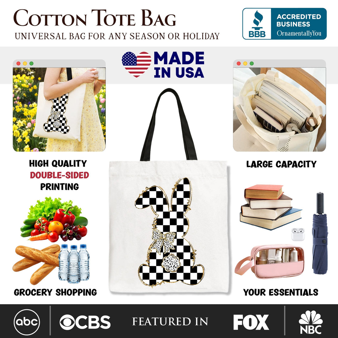 Checkered Easter Bunny Coquette Tote Bag for Spring Gifts