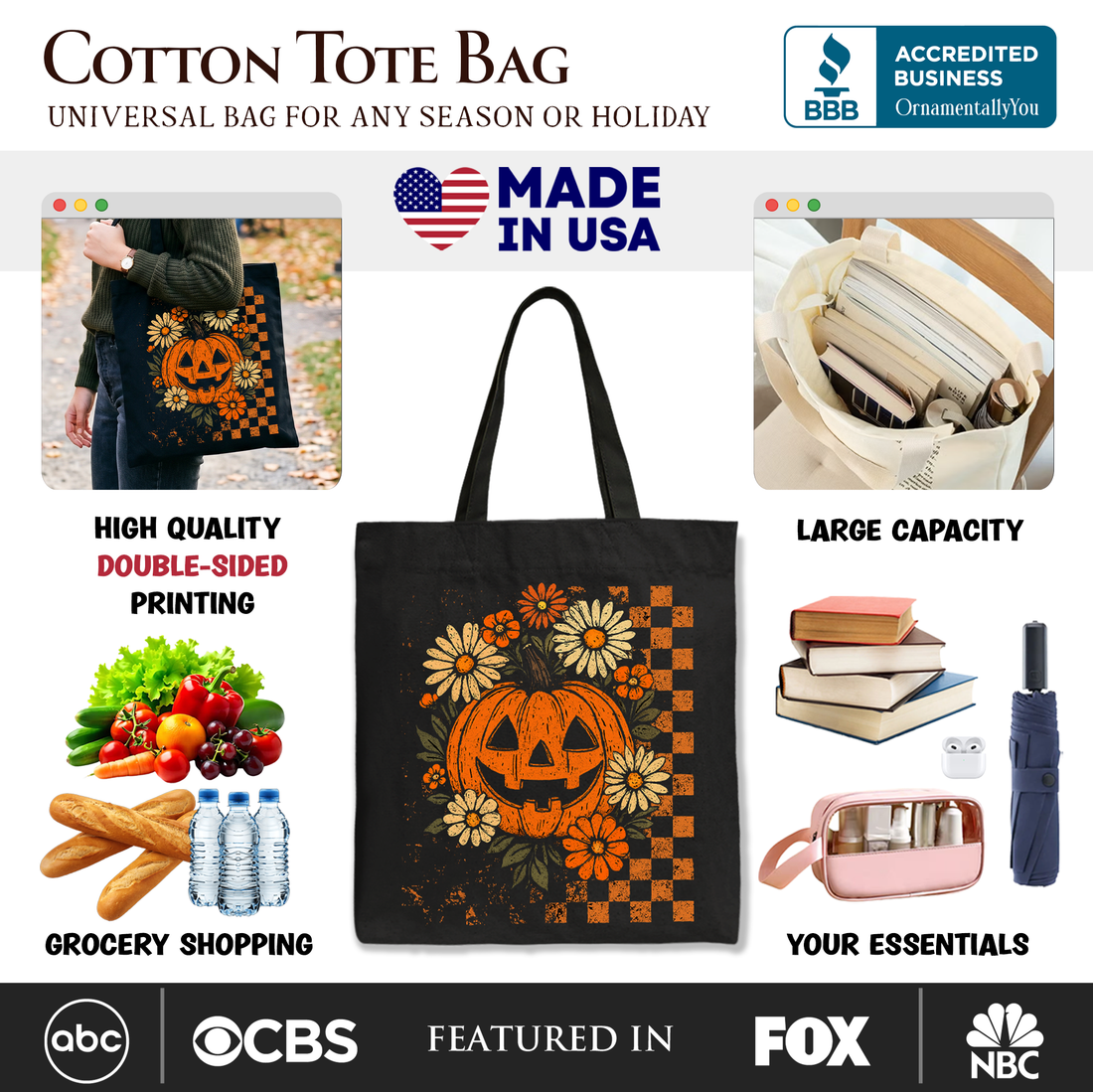 Checkered Floral Pumpkin Tote Bag Retro Halloween Spooky Shopper