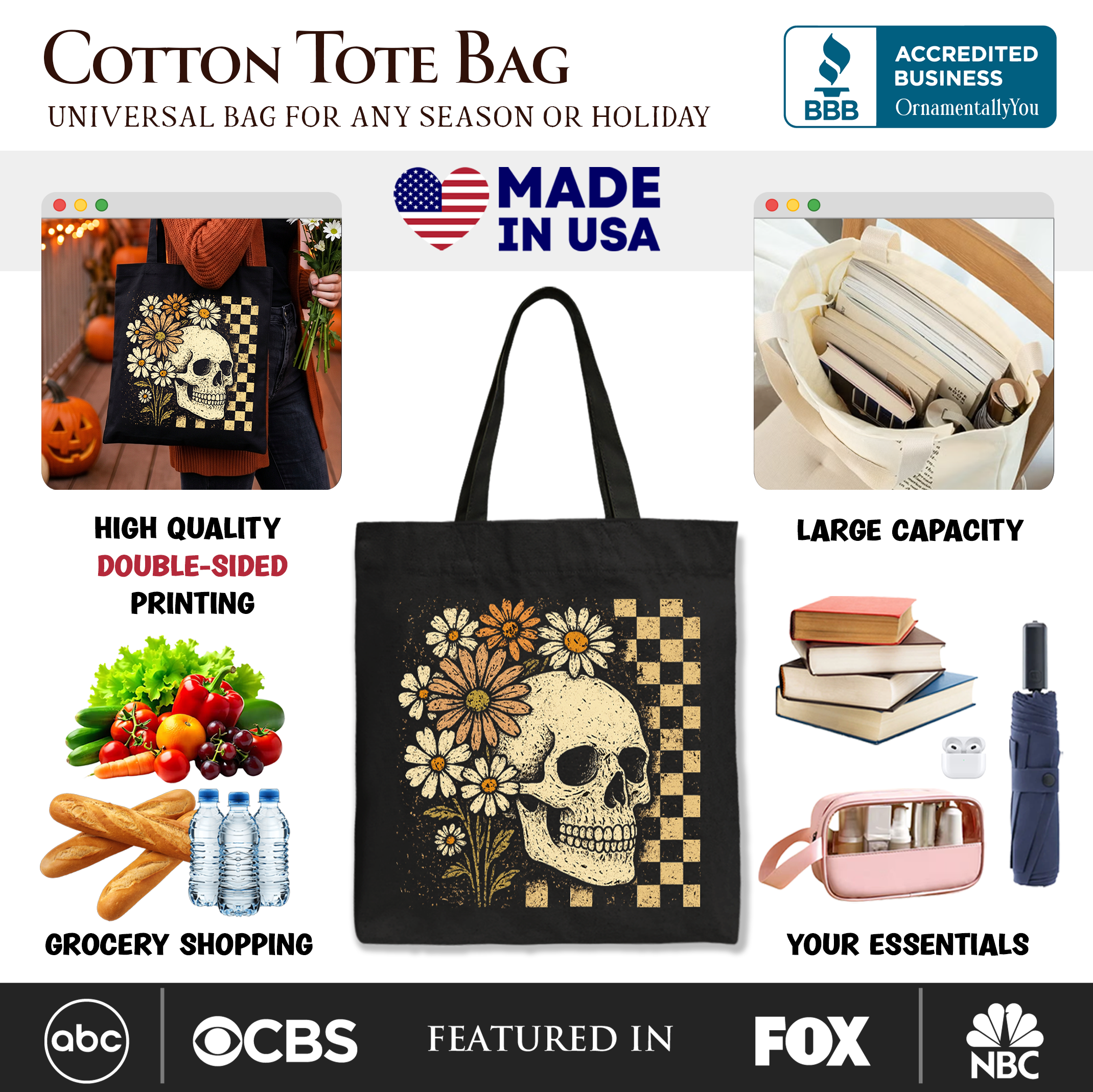 Checkered Floral Skeleton Tote Bag, Vintage Daisy Skull Shopper